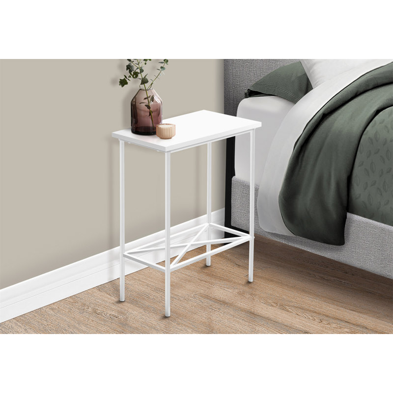 Table d'appoint, côté, bout, étroit, petit, 2 niveaux, salon, chambre à coucher, stratifié blanc, métal blanc, contemporain, moderne
