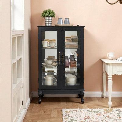 Élégante armoire vitrée en chêne clair avec portes en verre trempé, lumière DEL, panneau arrière en miroir et tablettes réglables - rangement parfait pour la maison et le bureau