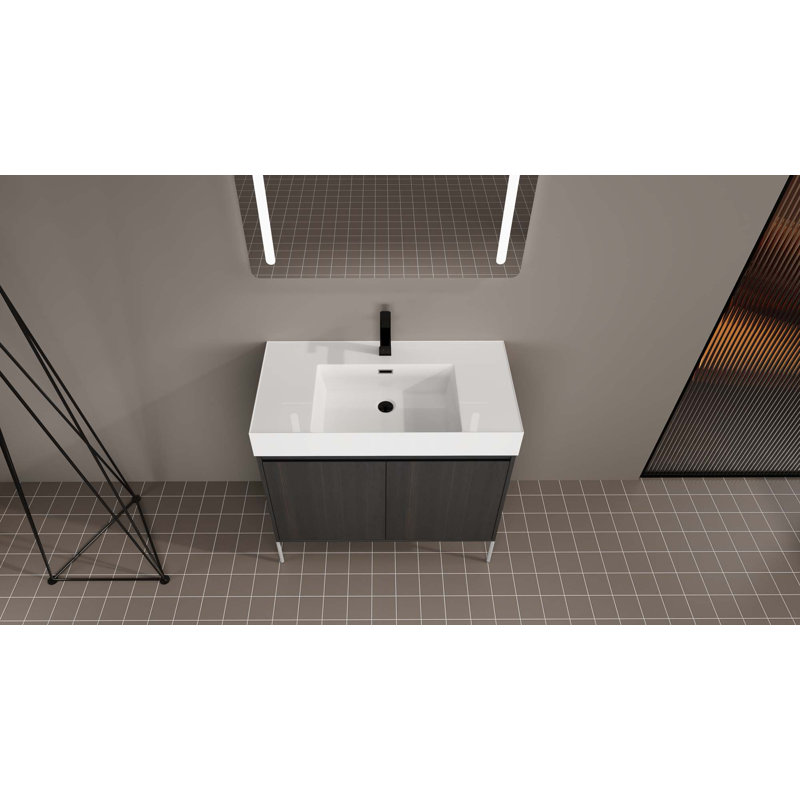 Meuble-lavabo autoportant avec lavabo double en résine, armoire de rangement avec portes à fermeture douce