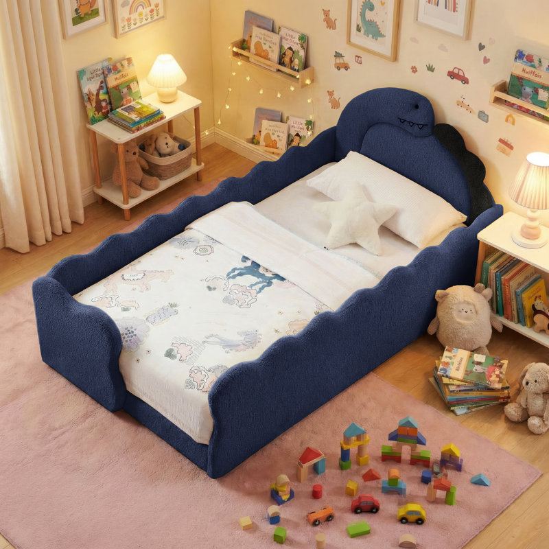 Boucle Upholstered Dinosaur-Shaped Kids Bed With Safety Guardrails And Solid Wood Slat Support, Navy Blue