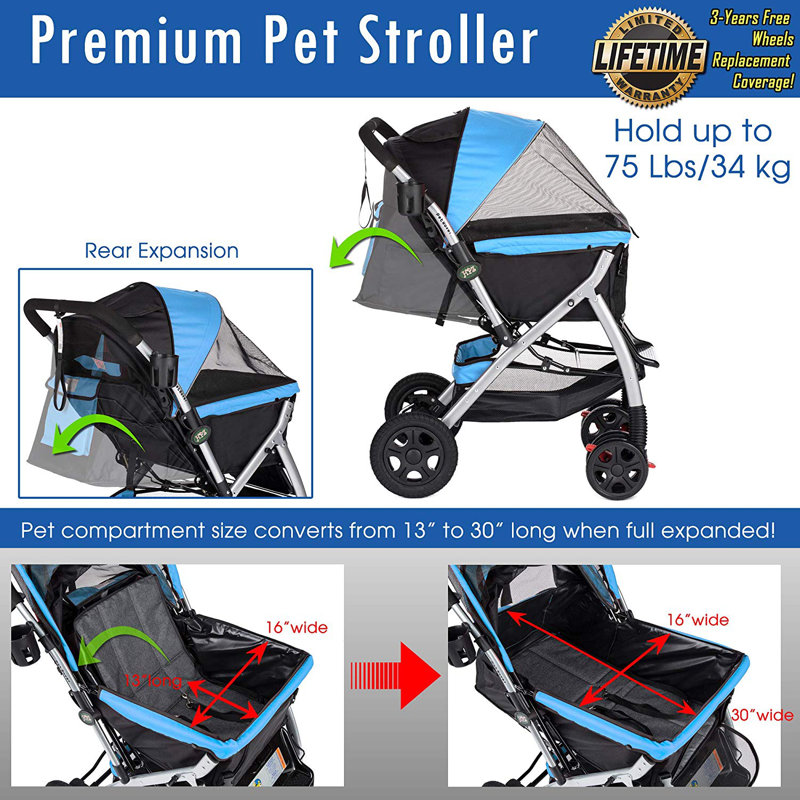 Poussette standard pliable Pet Rover Premium, Bleu