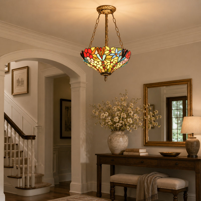 2 - Light Tiffany-Style Stained Glass Chandelier Dimmable Semi Flush Mount Ceilling Light