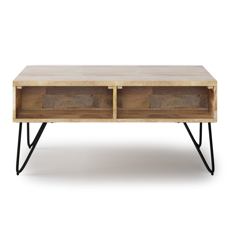 Hunter 36"W Solid Mango Wood and Metal Industrial Small Lift Top Coffee Table with Hidden Storage, 2 Cubbies and Hairpin Legs