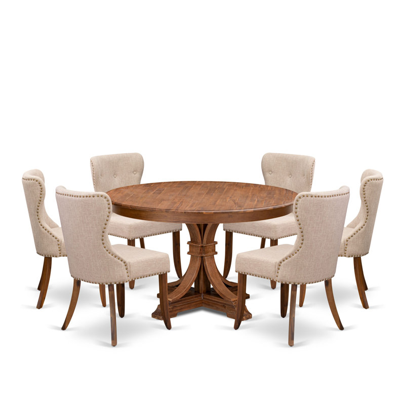 7-Pc Dining Set consists of a Pedestal Kitchen Table and 6 Light Tan Linen Fabric Parson Chairs with Button Tufted- Antique Walnut