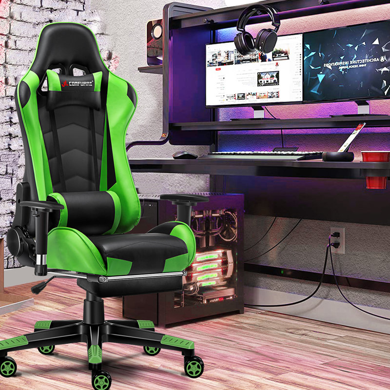 JL Comfurni JD-S0 Adjustable Armrest and Adjustable Headrest PC & Racing Game Chair, Black/Green