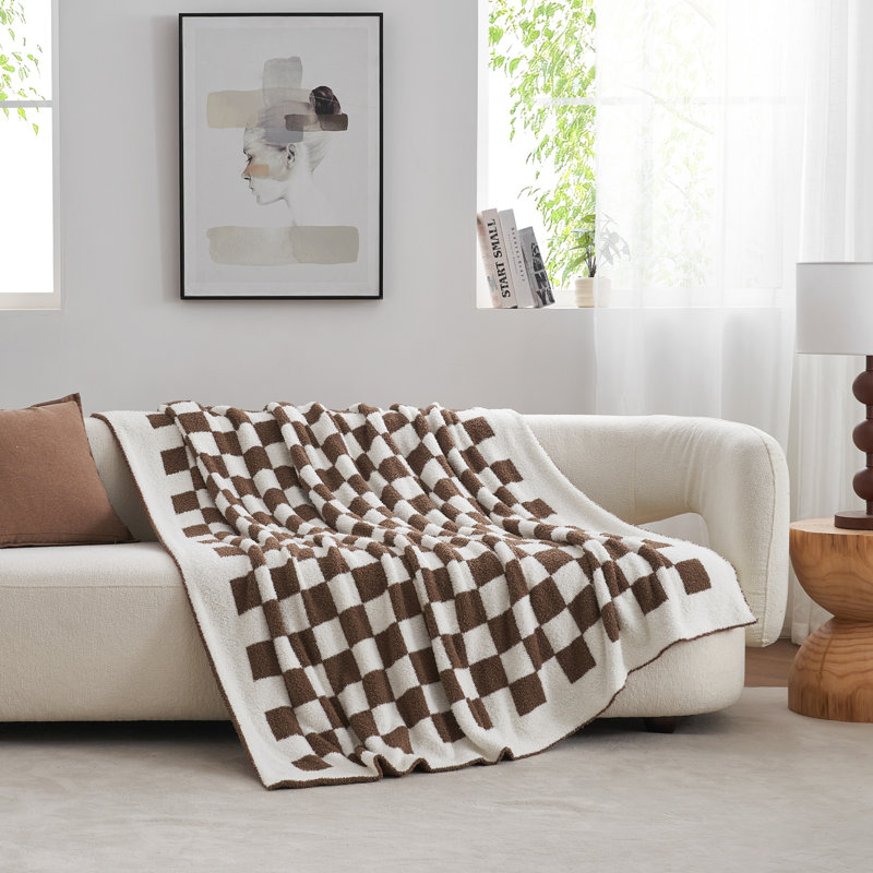Reversible Checkered Knit Throw Blanket Soft Feather Yarn Blankets, Brown, Throw