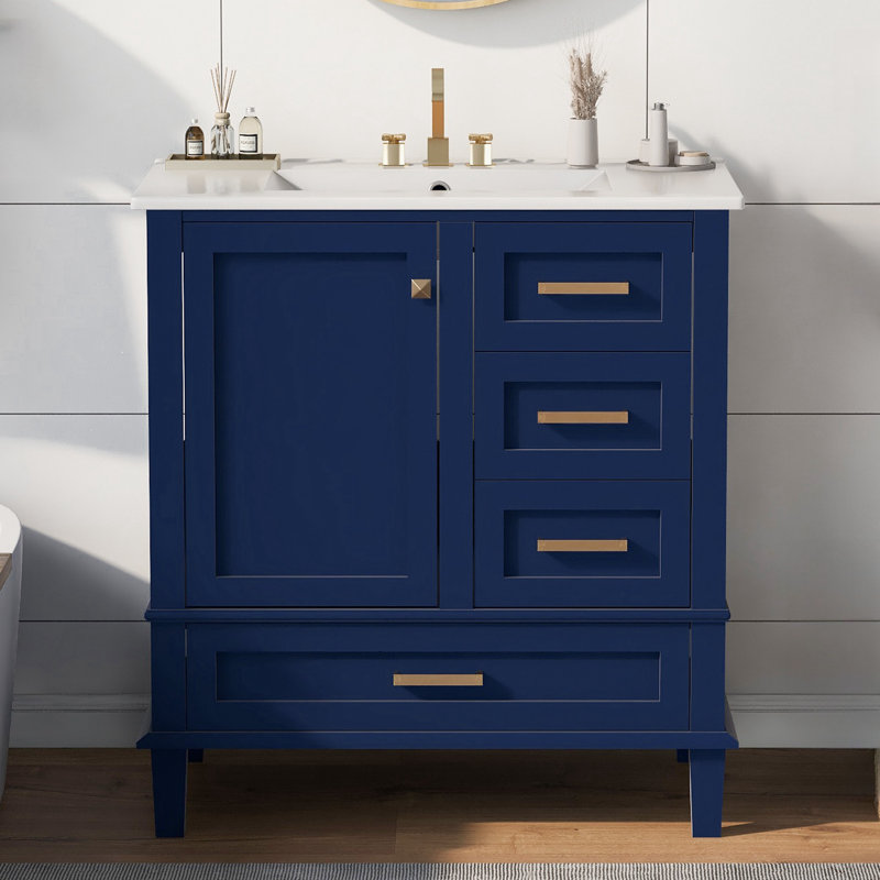 Nayelli Solid Pine Frame Bathroom Vanity with Ceramic Sink, Bathroom Storage Cabinet with 1 Silent Close Door and 3 Drawers