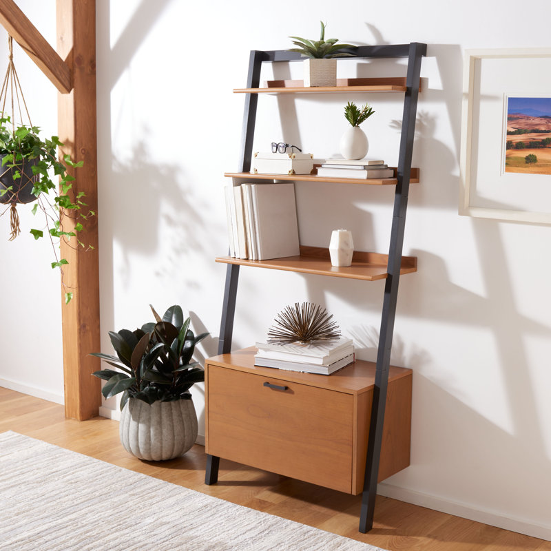 Bibliothèque échelle en bois massif Dametrice, H 72 po x l 32 po x P 15,4 po, Naturel / gris anthracite