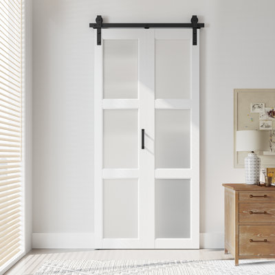 Porte de grange pliable 3 panneaux en verre givré et en bois manufacturé avec quincaillerie 3 pièces