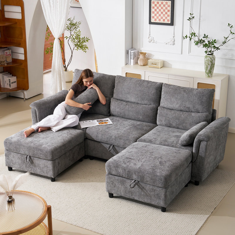 Canapé en U en forme de nuage avec repose-pieds avec rangement, canapé en chenille moderne avec méridienne, canapé modulaire convertible à 5 places pour le salon, gris