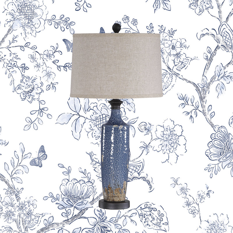 Tall Blue Textured Ceramic Table Lamp with Khaki Linen Shade