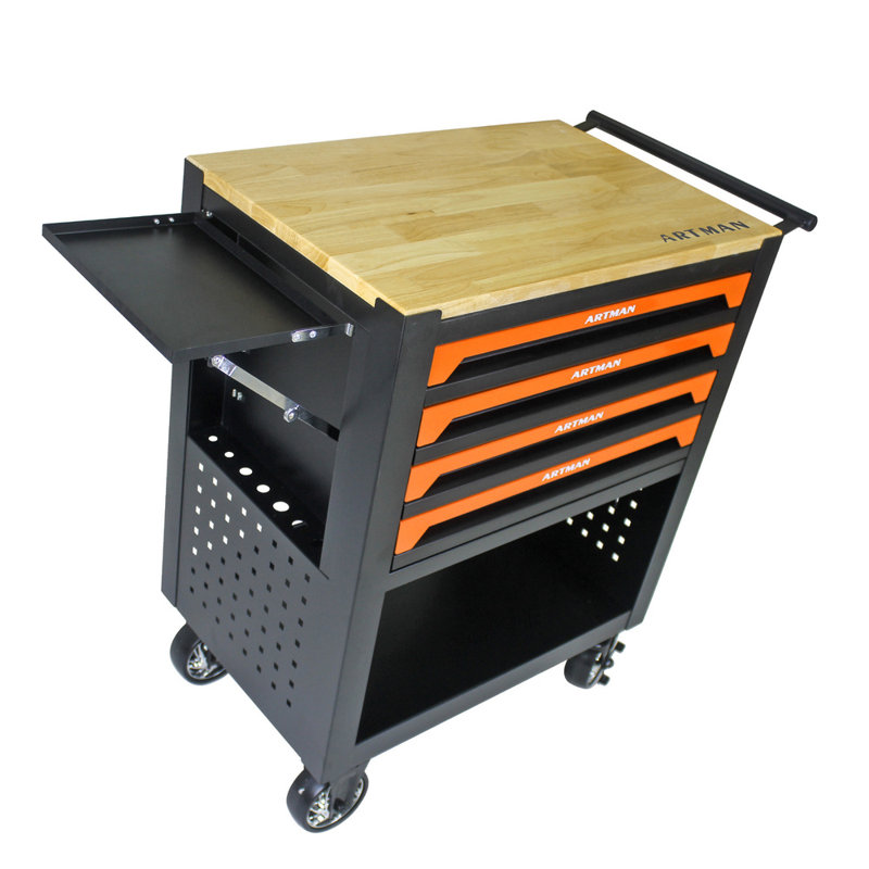 Chariot à outils mobile à 4 tiroirs avec plateau en bois de chêne, chariot à outils avec verrou de sécurité, rangement inférieur et freins verrouillables pour le garage (noir et orange)