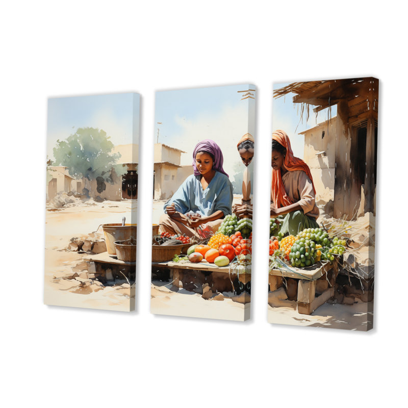 «African Woman At Market I» sur toile, reproduction de 3 pièces, H 32 po x l 48 po x P 1 po