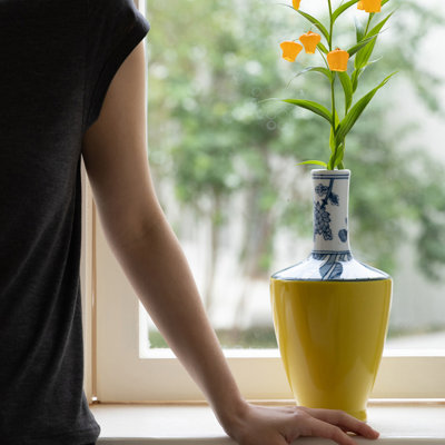 Vase de table chinois vintage en céramique jaune