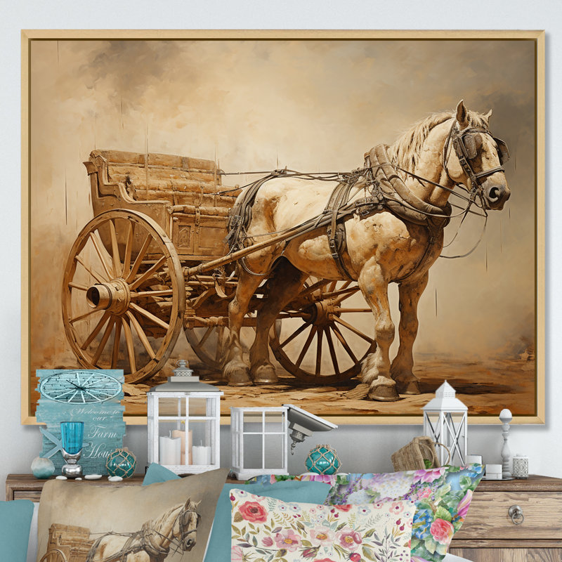 Minimalisme, vieux chariot américain avec cheval - vieux chariot américain, reproduction sur toile, Cadre naturel flottant
