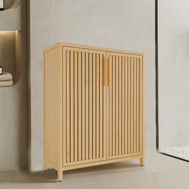 Armoire de rangement moderne en bambou avec buffets et rangement pour salle de bain avec portes à lattes et tablettes réglables