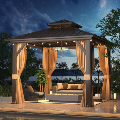 10x10 Ft Heavy-Duty Aluminum Gazebo with Galvanized Steel Double Roof, Hardtop Outdoor Canopy with Curtain & Mosquito Netting for Patio Deck & Hot Tub