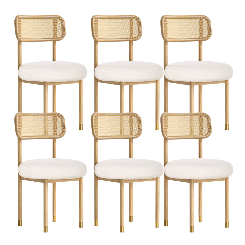 Mid-Century Modern Dining Chairs With Upholstered Seat And Rattan Back - Wood Leg Accent Chairs, Natural Oak, 6
