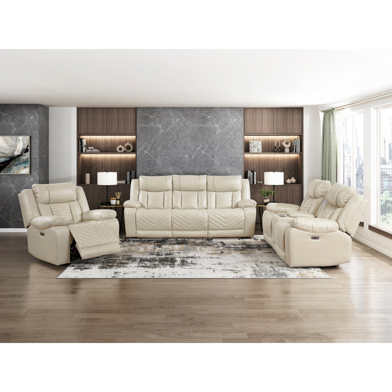 Beige luxueux ensemble de canapés 3 pièces Fauteuil inclinable électrique Causeuse à lumière DEL Ports de charge Porte-gobelets Chargeur sans fil Haut-parleurs