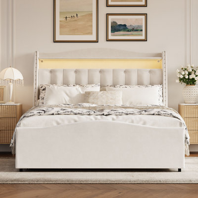 Queen Size Velvet Upholstered Platform Bed with Storage Drawers, Arched Tufted Headboard, Nailhead Trim and LED Lighting