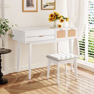  43.3" Classic Wood Makeup Vanity Set with Flip-Top Mirror and Stool, Dressing Table with Three Spacious Drawers and Ample Storage Space for Beauty Essentials, White