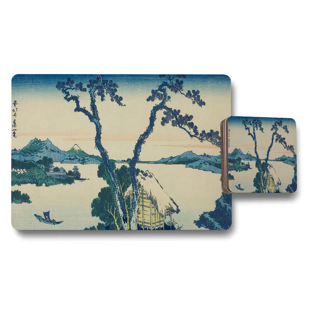 Blue Ukiyoe Landscape Placemat And Coaster Set With River View