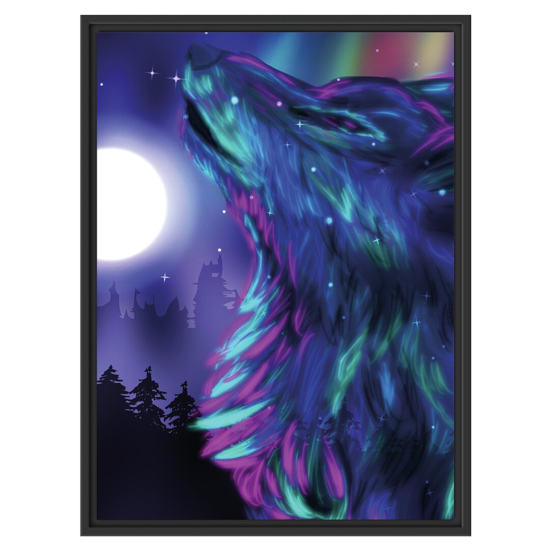 Gerahmtes Wandbild Abstrakter Wolf mit Mond