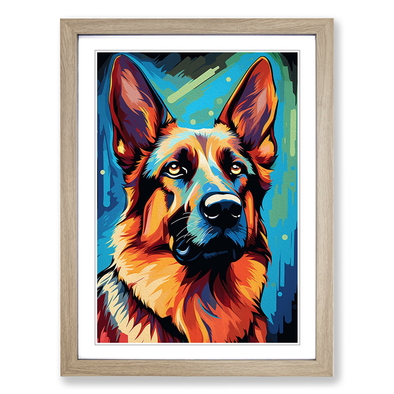 German Shepherd Pop No.3 - Framed Print, 64cm H x 46cm W x 2cm D, Oak