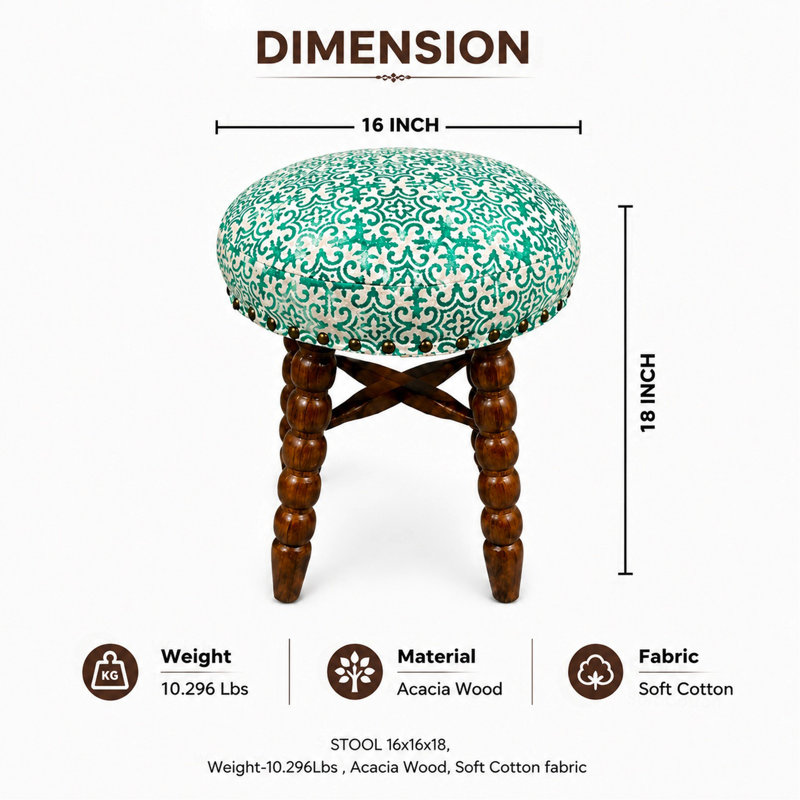 Tabouret de bar rembourré avec structure en bois d'acacia massif Spindle, H 18 po x L 16 po x P 16 po, Bleu et brun