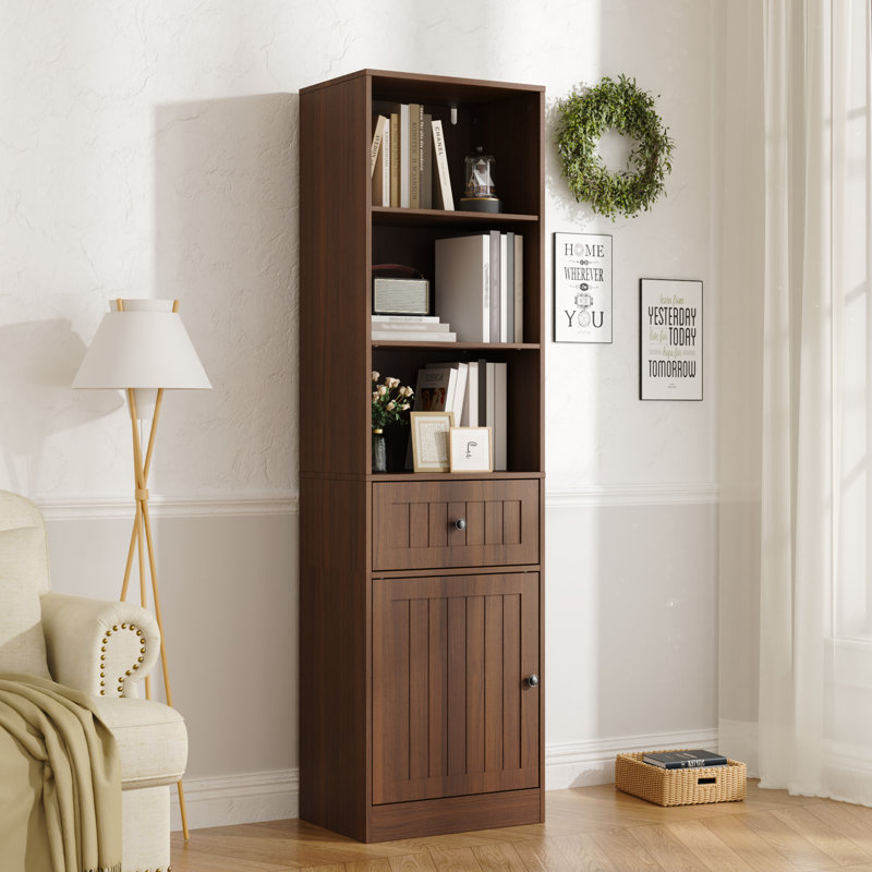 Farmhouse 71" Tall Bookshelf With Drawer, Narrow Bookcase With Adjustable Left/right Door, Adjustable Shelf, Freestanding Display Book Shelf For Bedroom,living Room, Office,