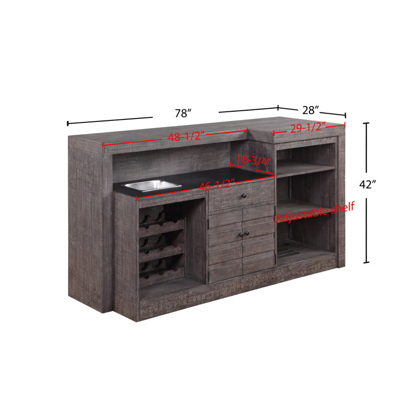 Dark Gray Distressed Solid Wood Home Bar with Storage