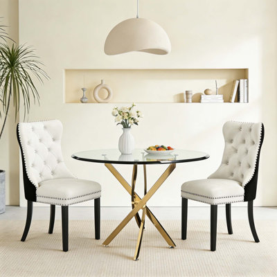 3-Piece Round Glass Table Set With Velvet Chairs – Metal Base, Seats 2