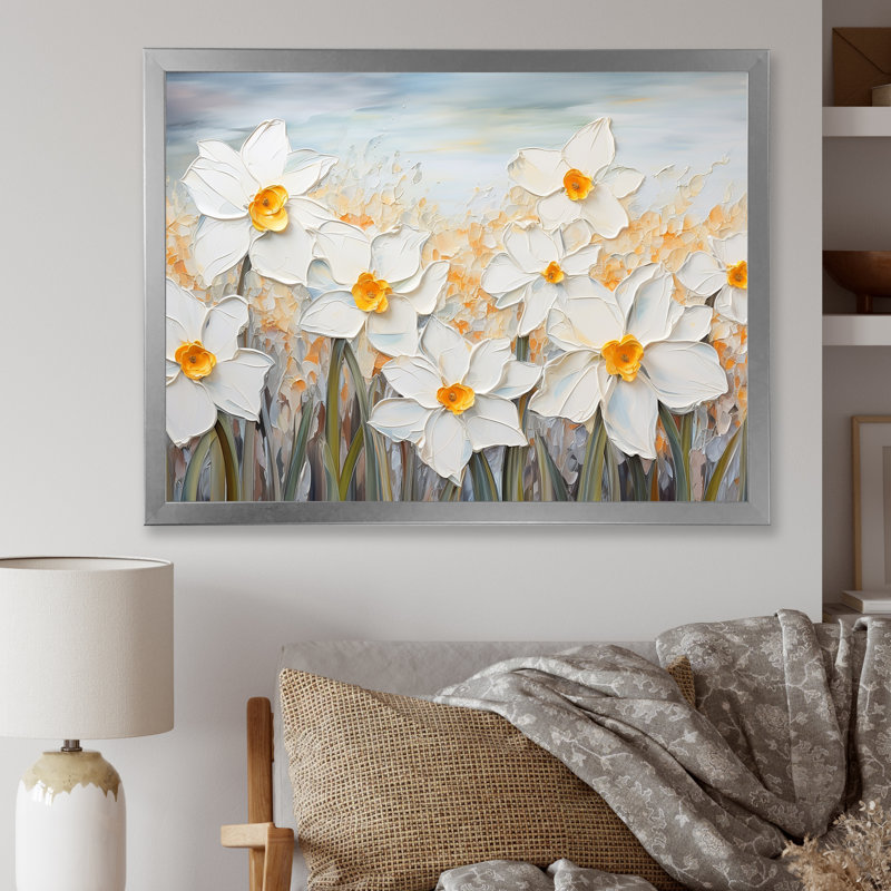 «Daffodils Tranquility Floral Field II», reproduction sur toile, Cadre simple argenté, H 30 po x l 40 po x P 1,5 po