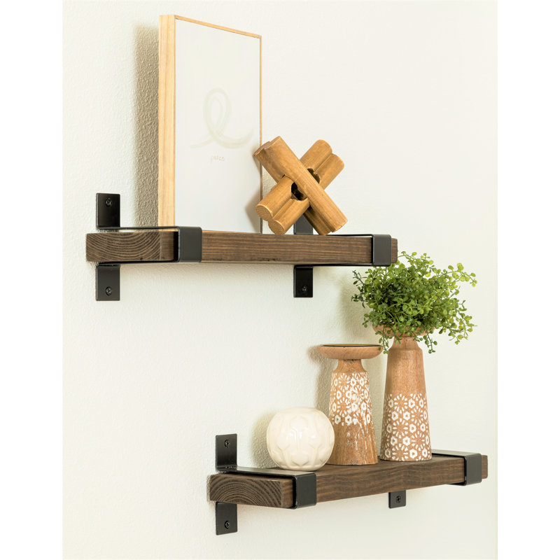 Abasi 2 Piece Pine Solid Wood Bracket Wall Shelf, Dark Walnut, 5.63" H x 20" W x 6" D, Black