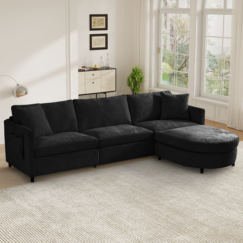 2 - Piece L-Shaped Sectional Sofa with Curved Ottoman, Blue Chenille