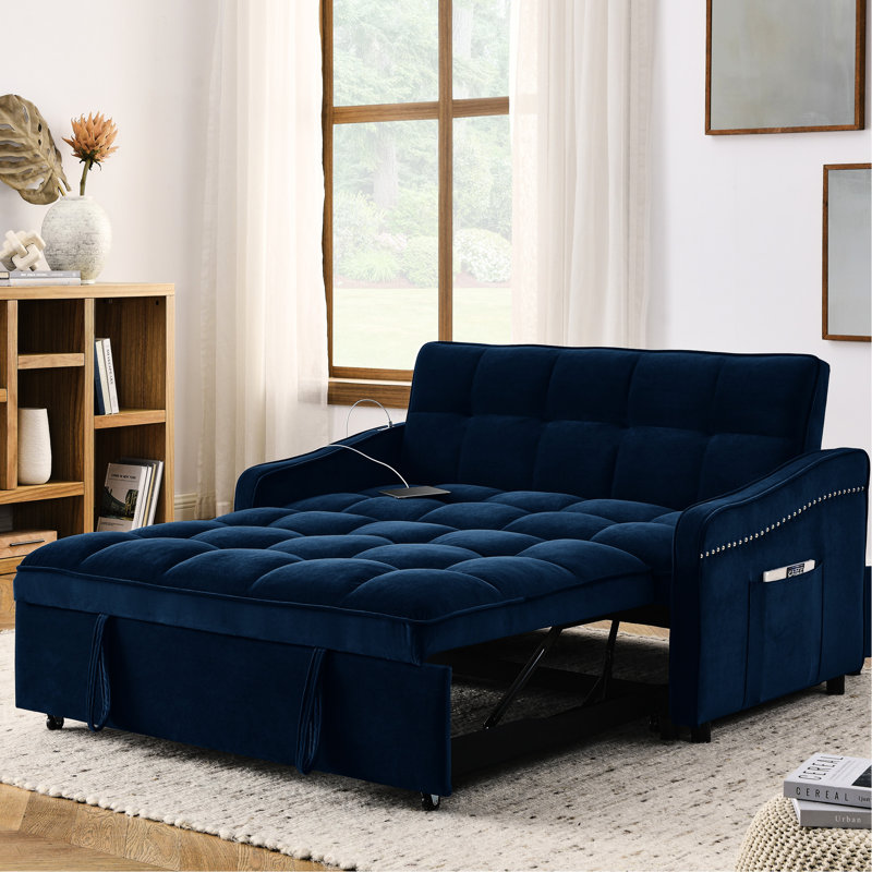 Lit escamotable avec dossier réglable, ports, revêtement en velours bleu pour une vie compacte et confortable, canapé-lit 47 po x 53 po x 31 po, 69 po x 45 po x 16,5 po