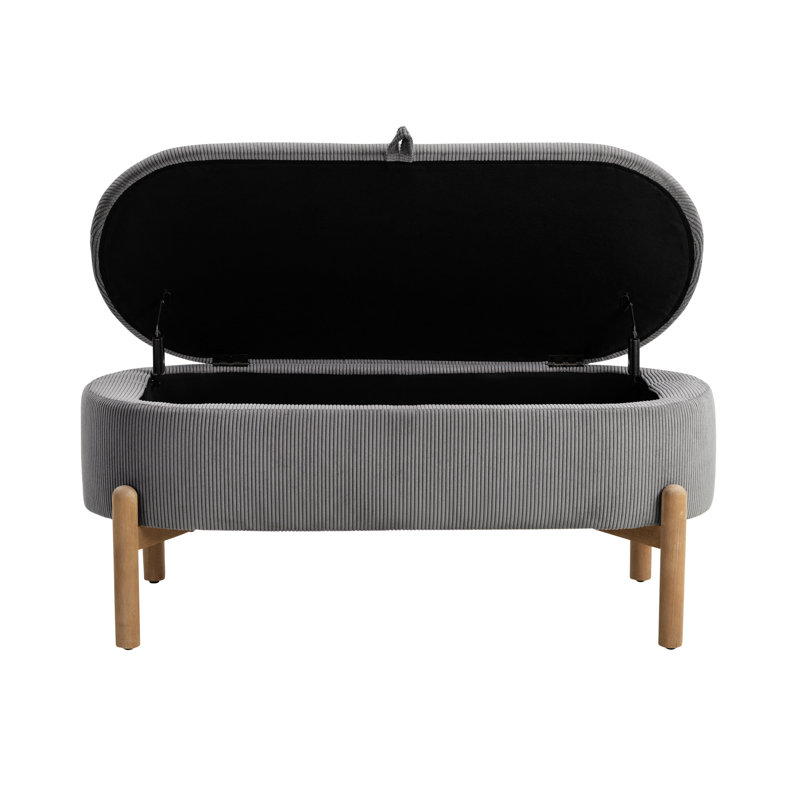 Storage Bench Gray Cushioned Seat Corduroy Upholstery Lift Top Solid Wood Legs 1Pc