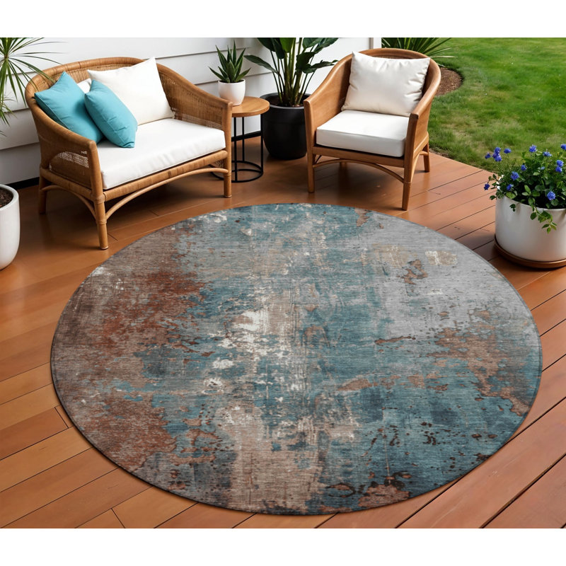 Tapis d'intérieur rond lavable abstrait bleu 8 pi Rust and Teal