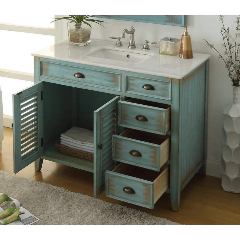 Benton Collection 42 Inch Cottage Freestanding Distressed Blue Abbeville Bathroom Vanity, Single Sink, Marble Top, Fully Assembled