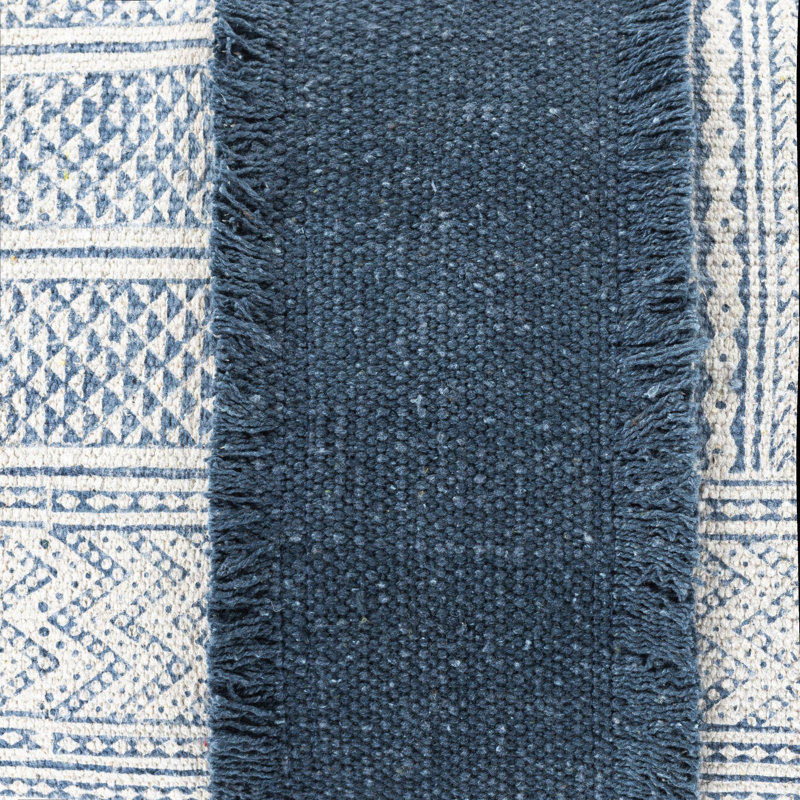 Ivory and Navy Cotton Rectangular Decorative Pillow