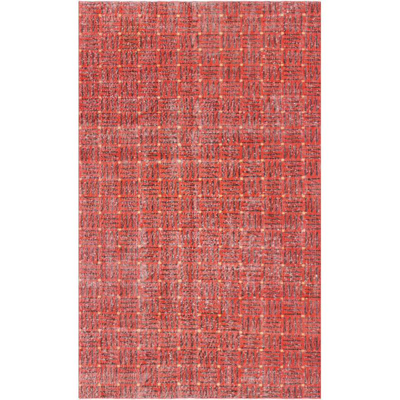 Tapis unique en laine noué à la main des années 1960 de 4 pi 10 po x 7 pi 11 po rouge / noir / orange
