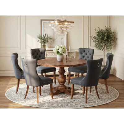 L'ensemble de table à manger moderne 7 pièces se compose d'une table de cuisine et de 6 chaises de salle à manger en tissu de polyester gris platine avec dossier capitonné - Finition noyer antique