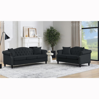 79"" Chesterfield Sofa Black Velvet For Living Room, 3 Seater Sofa Tufted Couch With Rolled Arms And Nailhead For Living Room, Bedroom, Office, Apartme -  Canora Grey, 4C6C7B379EE64D1291388978A3F3A87D