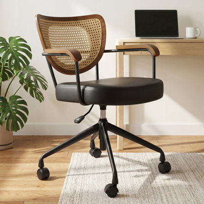 Mid-Century Modern Home Office Chair, Adjustable Swivel Desk Chair with PE Rattan Back & Faux Leather Seat Bentwood