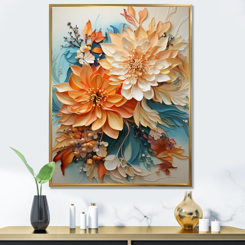 Orange et bleu sarcelle, tourbillon botanique I - art botanique abstrait, H 44 po x l 34 po, Reproduction avec cadre flottant