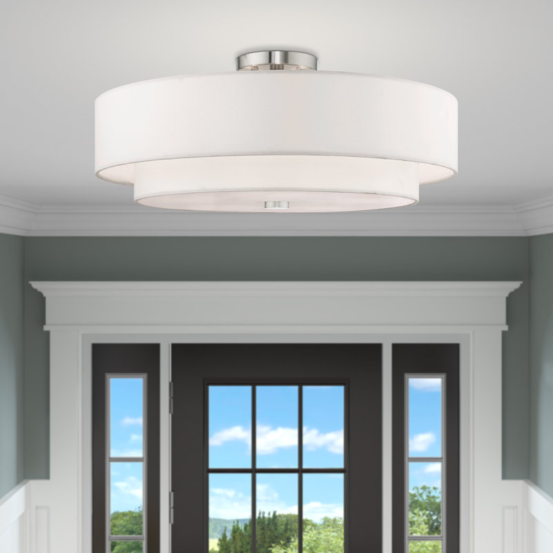 Plafonnier semi-encastré 5 lumières 22 po Flaire, Nickel brossé, Blanc cassé / blanc