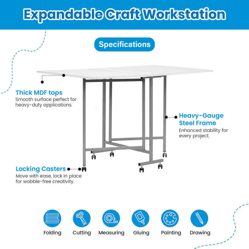Table debout pliante avec roulettes pour couture et couture, argent / blanc