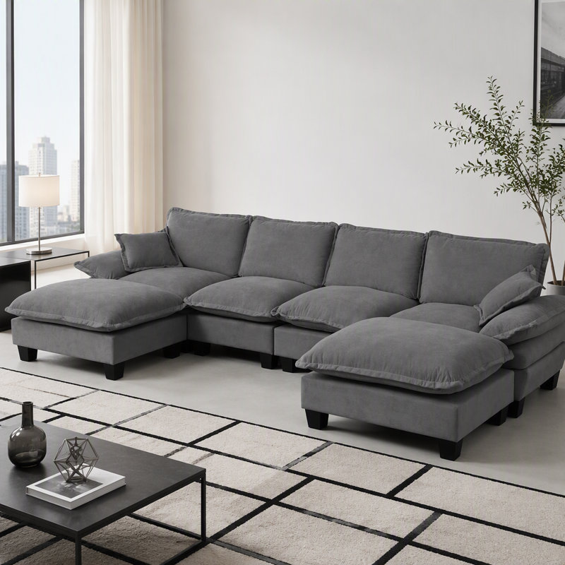Canapé modulaire en forme de U avec voilier et repose-pieds mobile, L 130,71 po, Chenille gris