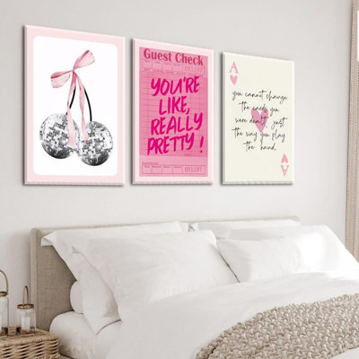 Rose, BCBG, ensemble de 3 affiches Coquette disco cerise à la mode, rétro, chèque invité, impressions sur toile, peinture sur toile, citation positive, images, décor de chambre, dortoir de 16 x 24 po