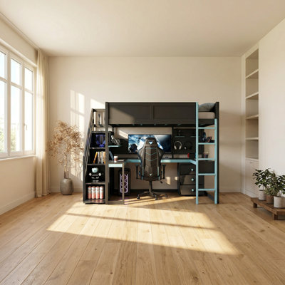 Esports Collection 57.3" W x 95.7" D x 71.3" H Full Solid Pine Wood Gaming Loft Bed with Desk, Stairs, and Pegboard